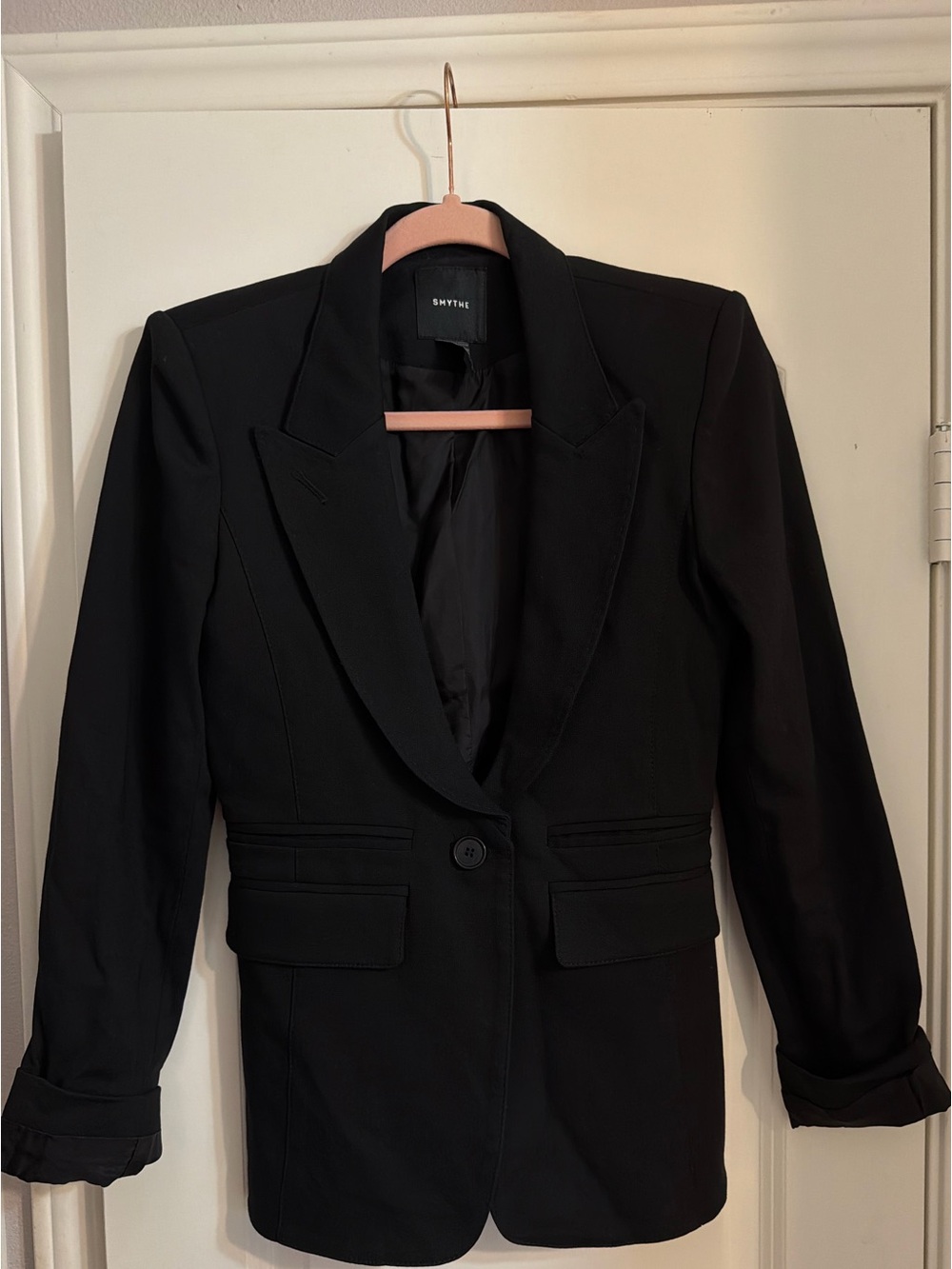 Smythe Black Peak Lapel Fringe Detail Blazer Size 4